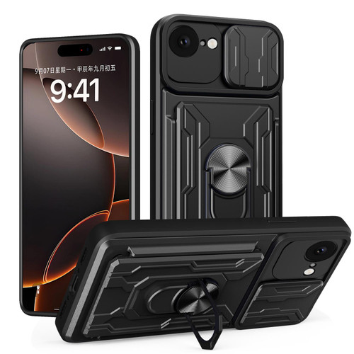 iPhone 16e / 17e Sliding Camshield TPU+PC Phone Case with Card Slot - Black