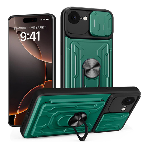 iPhone 16e / 17e Sliding Camshield TPU+PC Phone Case with Card Slot - Dark Green