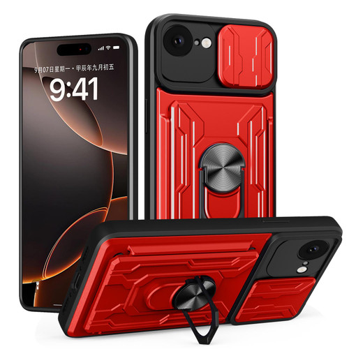 iPhone 16e / 17e Sliding Camshield TPU+PC Phone Case with Card Slot - Red