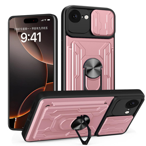 iPhone 16e / 17e Sliding Camshield TPU+PC Phone Case with Card Slot - Rose Gold