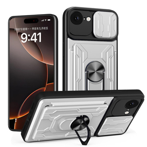 iPhone 16e / 17e Sliding Camshield TPU+PC Phone Case with Card Slot - White
