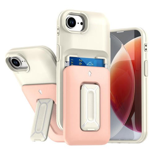 iPhone 16e / 17e Sliding Card Holder Integrated Phone Case with Kickstand - Beige Pink