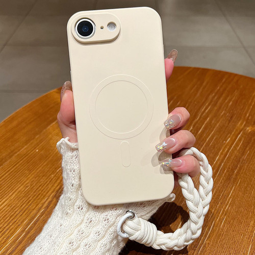 iPhone 16e / 17e Solid Color Liquid Silicone Magnetic Phone Case with Lanyard - Antique White