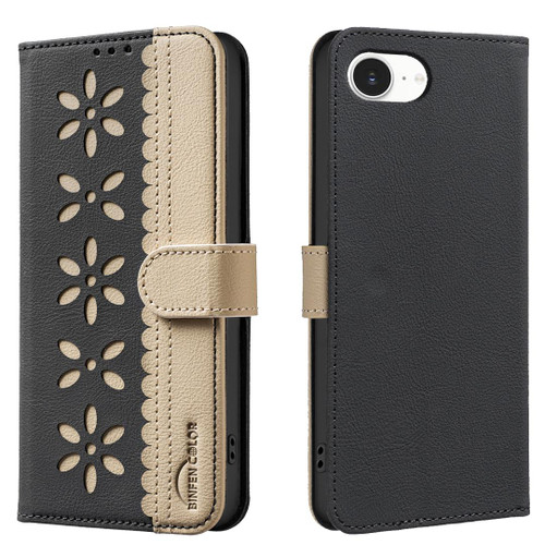 iPhone 16e / 17e Splicing Color Hollow Flower Pattern RFID Leather Phone Case - Black