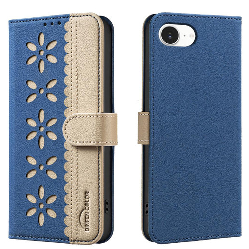 iPhone 16e / 17e Splicing Color Hollow Flower Pattern RFID Leather Phone Case - Dark Blue