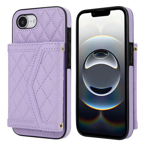 iPhone 16e / 17e Splicing Rhombic Texture Card Bag Phone Case with Long Lanyard - Purple