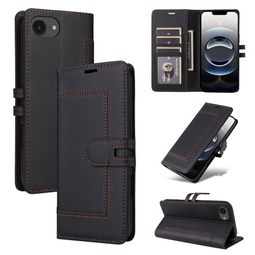 iPhone 16e / 17e Stitched Magnetic Buckle Leather Phone Case - Black