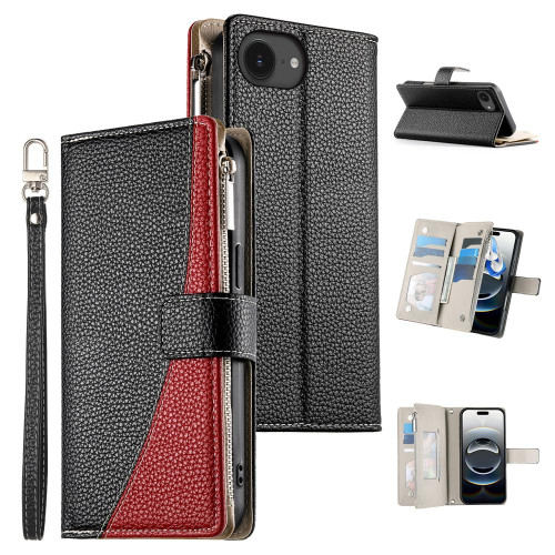 iPhone 16e / 17e Stitching Multi-card Zipper Wallet Leather Phone Case with Short Strap - Black