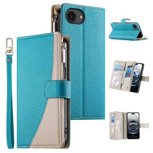 iPhone 16e / 17e Stitching Multi-card Zipper Wallet Leather Phone Case with Short Strap - Blue
