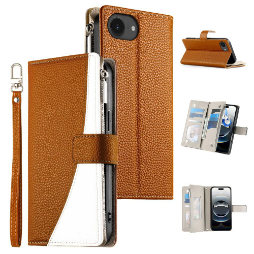 iPhone 16e / 17e Stitching Multi-card Zipper Wallet Leather Phone Case with Short Strap - Brown