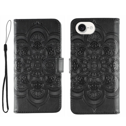 iPhone 16e / 17e Sun Mandala Embossing Leather Phone Case - Black