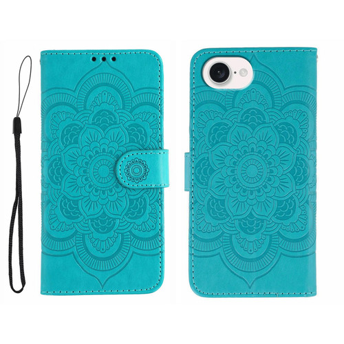 iPhone 16e / 17e Sun Mandala Embossing Leather Phone Case - Blue