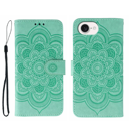 iPhone 16e / 17e Sun Mandala Embossing Leather Phone Case - Green