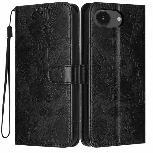 iPhone 16e / 17e Sunflower Embossed Vegan Leather Phone Case with Small Black Rope - Black