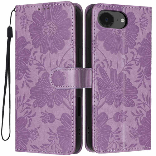 iPhone 16e / 17e Sunflower Embossed Vegan Leather Phone Case with Small Black Rope - Purple