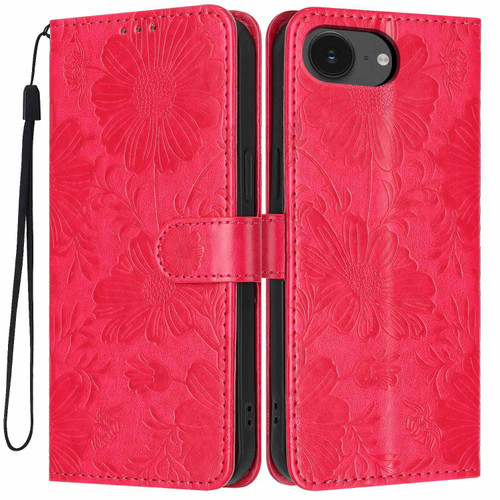 iPhone 16e / 17e Sunflower Embossed Vegan Leather Phone Case with Small Black Rope - Red