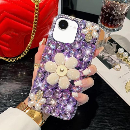 iPhone 16e / 17e Sunflower Holder Hand-set Diamond PC Phone Case - Purple