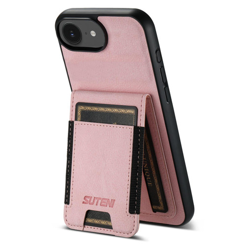 iPhone 16e / 17e Suteni H03 Litchi Leather Card Bag Stand Back Phone Case - Pink