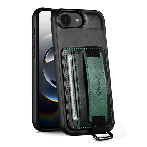 iPhone 16e / 17e Suteni H13 Card Wallet Wrist Strap Holder PU Phone Case - Black