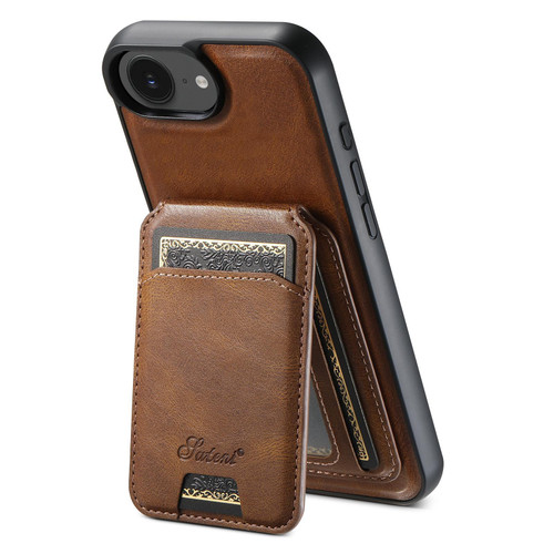 iPhone 16e / 17e Suteni H15 MagSafe Oil Eax Leather Detachable Wallet Back Phone Case - Brown
