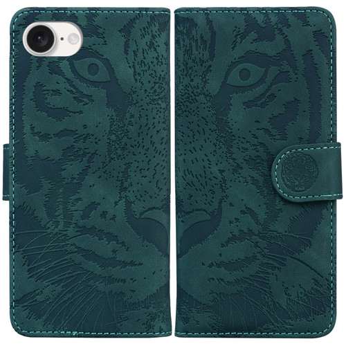 iPhone 16e / 17e Tiger Embossing Pattern Leather Phone Case - Green