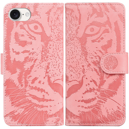 iPhone 16e / 17e Tiger Embossing Pattern Leather Phone Case - Pink