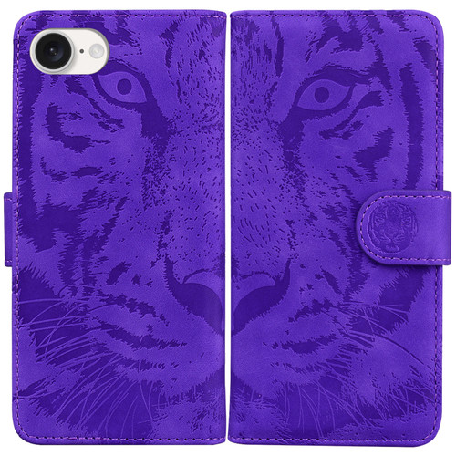 iPhone 16e / 17e Tiger Embossing Pattern Leather Phone Case - Purple
