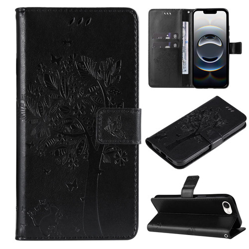 iPhone 16e / 17e Tree & Cat Embossed Pattern Flip Leather Phone Case - Black