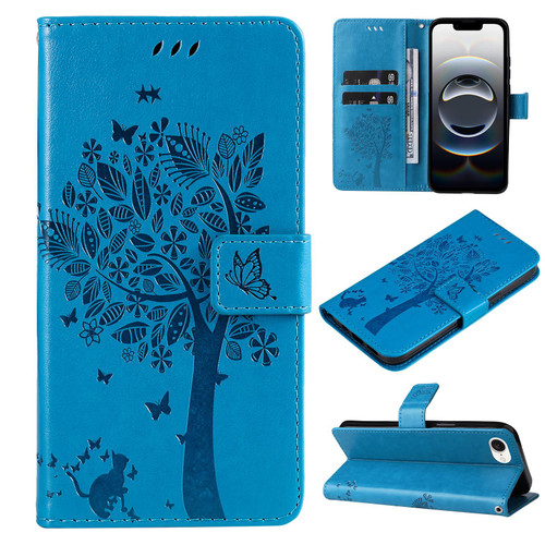 iPhone 16e / 17e Tree & Cat Embossed Pattern Flip Leather Phone Case - Blue