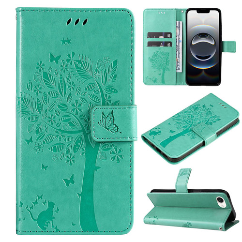 iPhone 16e / 17e Tree & Cat Embossed Pattern Flip Leather Phone Case - Green