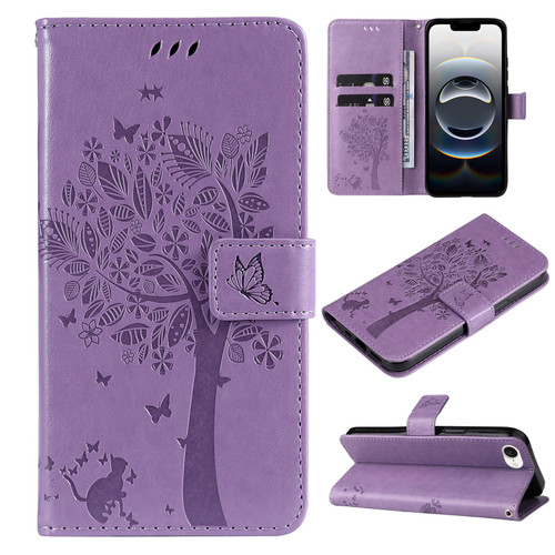 iPhone 16e / 17e Tree & Cat Embossed Pattern Flip Leather Phone Case - Light Purple
