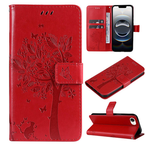 iPhone 16e / 17e Tree & Cat Embossed Pattern Flip Leather Phone Case - Red