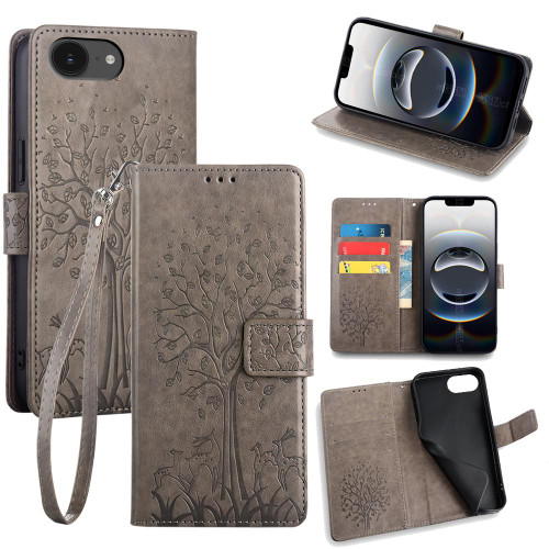 iPhone 16e / 17e Tree & Deer Embossed Leather Phone Case - Grey