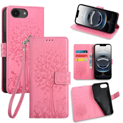 iPhone 16e / 17e Tree & Deer Embossed Leather Phone Case - Pink