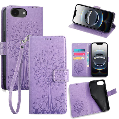 iPhone 16e / 17e Tree & Deer Embossed Leather Phone Case - Purple