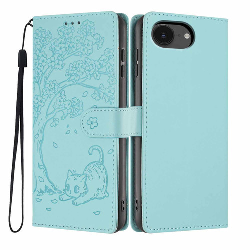 iPhone 16e / 17e Tree Cat Embossed Flip Vegan Leather Phone Case - Light Green