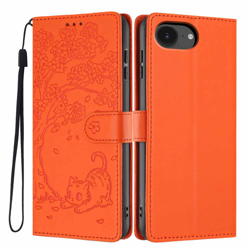iPhone 16e / 17e Tree Cat Embossed Flip Vegan Leather Phone Case - Orange
