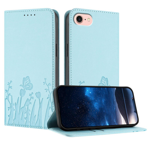 iPhone 16e / 17e Tulips Butterfly Pattern Magnetic Vegan Leather Phone Case - Light Blue