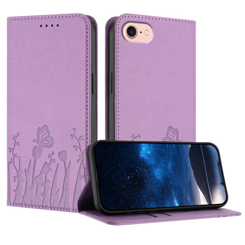 iPhone 16e / 17e Tulips Butterfly Pattern Magnetic Vegan Leather Phone Case - Light Purple