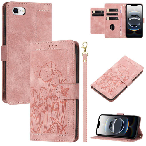 iPhone 16e / 17e Tulips Embossed Leather Phone Case with Lanyard - Pink