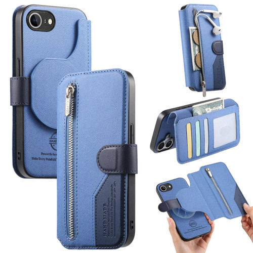 iPhone 16e / 17e Twill Fabric MagSafe RFID Anti-theft Zipper Wallet Leather Phone Case - Dark Blue