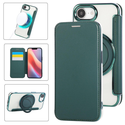 iPhone 16e / 17e Ultra-thin Rotation Holder Magnetic Plating Vegan Leather Phone Case - Blackish Green