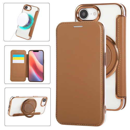 iPhone 16e / 17e Ultra-thin Rotation Holder Magnetic Plating Vegan Leather Phone Case - Brown