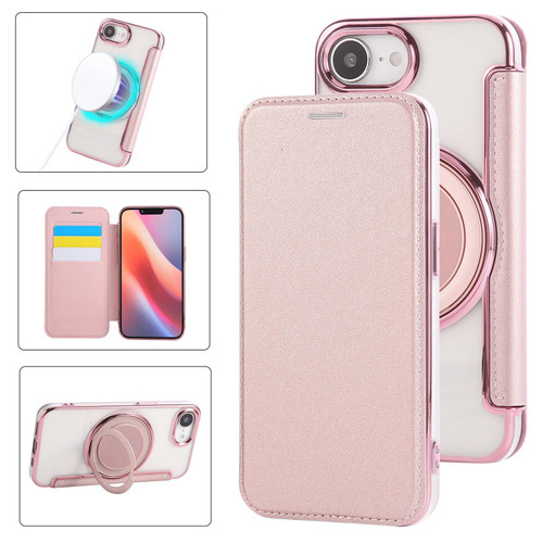iPhone 16e / 17e Ultra-thin Rotation Holder Magnetic Plating Vegan Leather Phone Case - Rose Gold