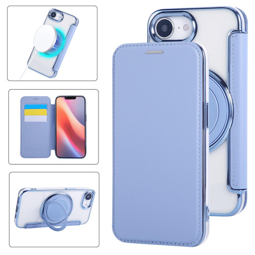 iPhone 16e / 17e Ultra-thin Rotation Holder Magnetic Plating Vegan Leather Phone Case - Sierra Blue