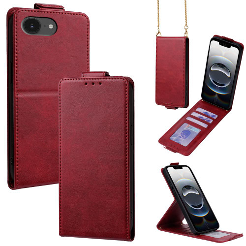 iPhone 16e / 17e Vertical Flip Cover Solid Color Vegan Leather Phone Case with Crossbody Chain - Red