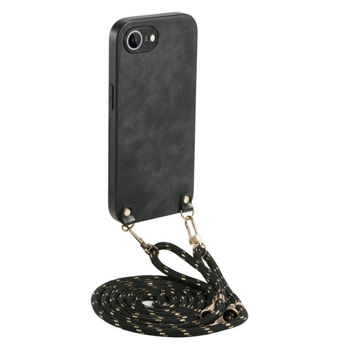 iPhone 16e / 17e Vintage Leather PC Back Cover Phone Case with Crossbody Strap - Black