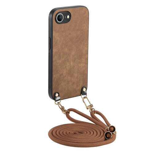 iPhone 16e / 17e Vintage Leather PC Back Cover Phone Case with Crossbody Strap - Brown