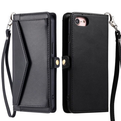 iPhone 16e / 17e Wallet Multi-card Slot Leather Phone Case with Lanyard - Black
