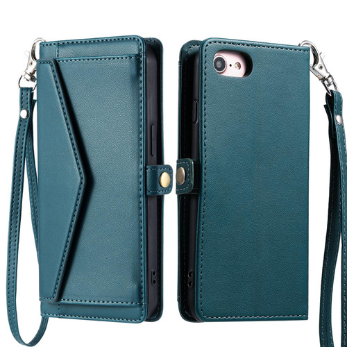 iPhone 16e / 17e Wallet Multi-card Slot Leather Phone Case with Lanyard - Green